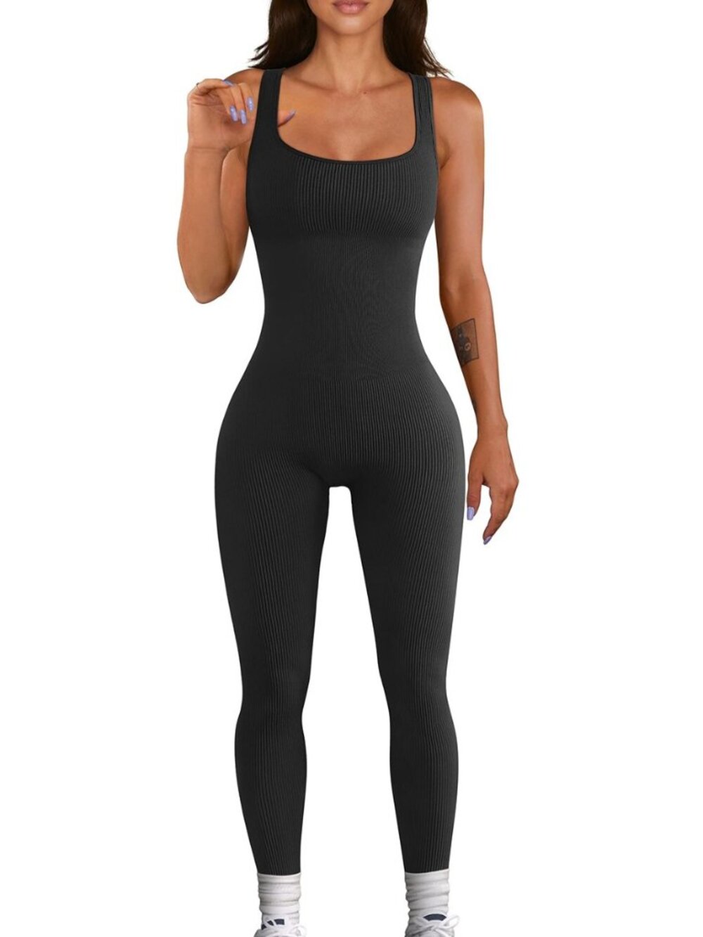 Womens Workout Ribbed Jumpsuit Yoga Square Neck Leggings Romper